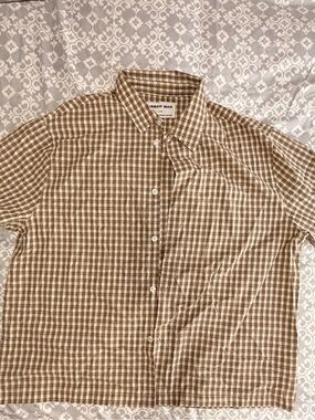 Brown and White Plaid Short-Sleeve Button-Up Shirt